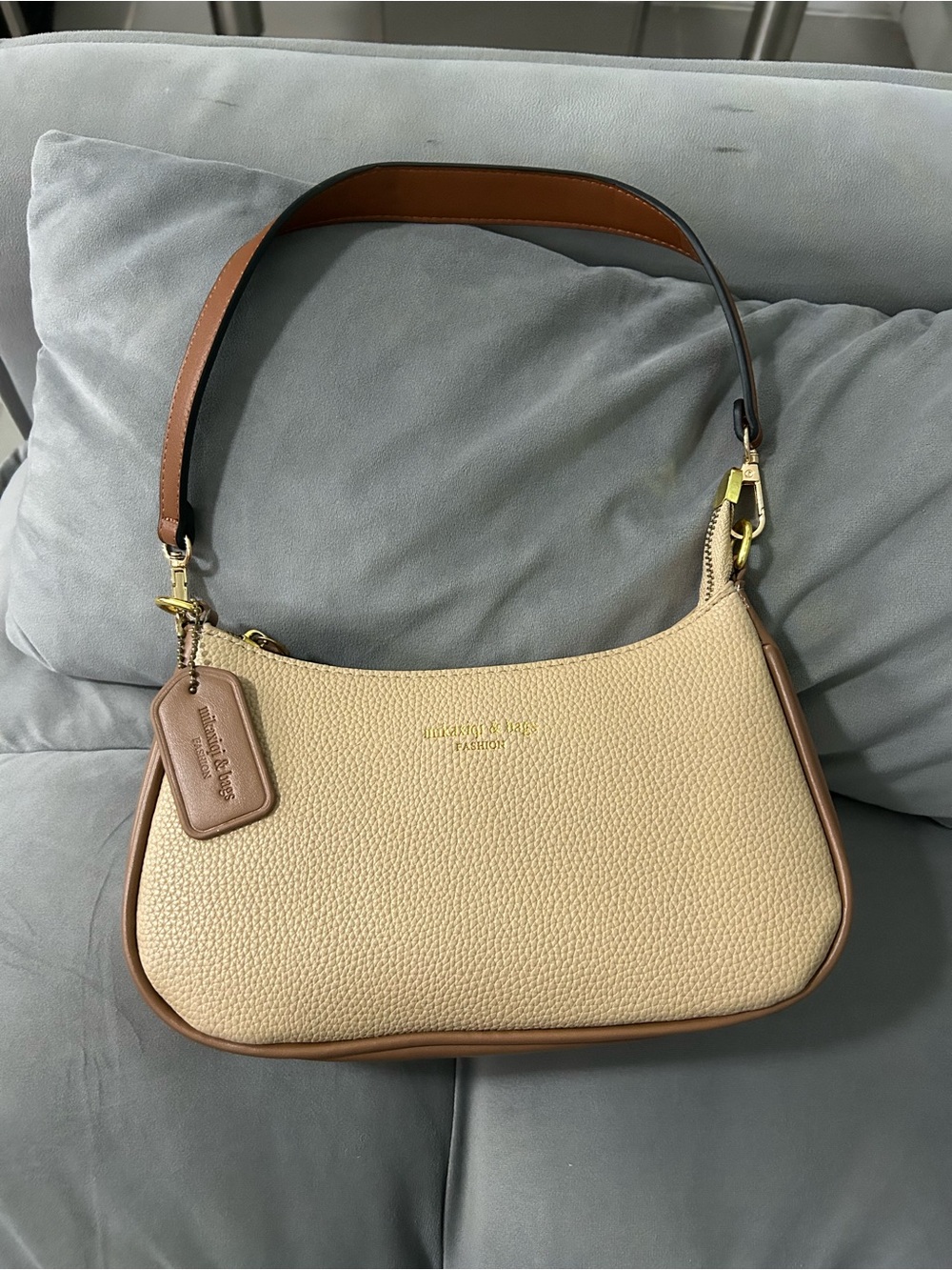 Beige and Brown Leather Shoulder Bag